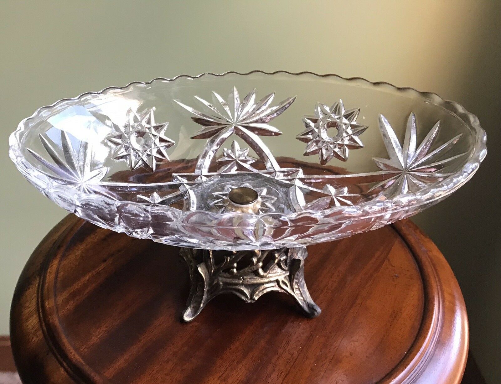 Star Of David Anchor Hocking Oval Centerpiece Bowl W/brass Pedestal Vintage