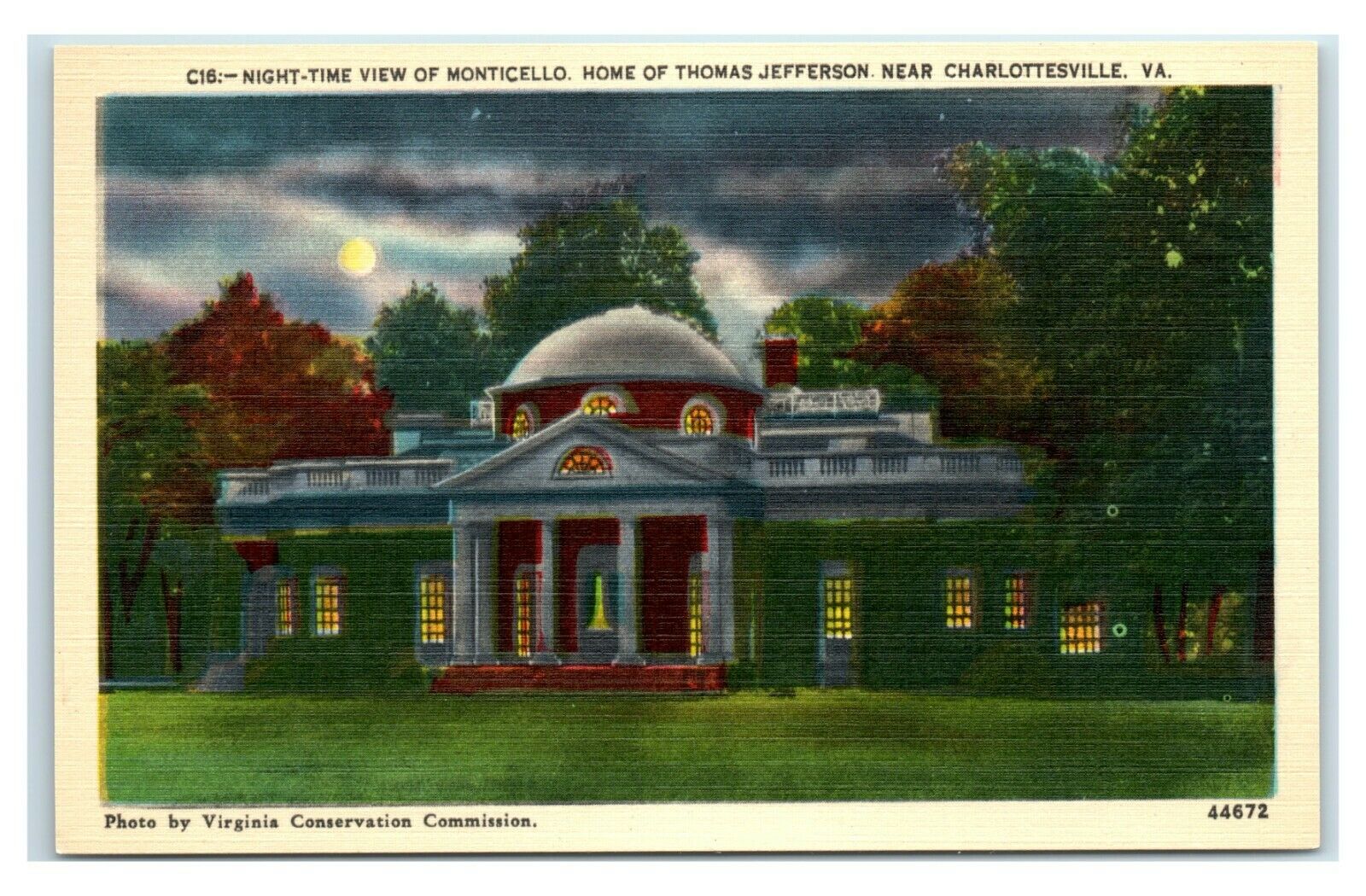 Postcard Night-time View Of Monticello Near Charlottesville Va W42