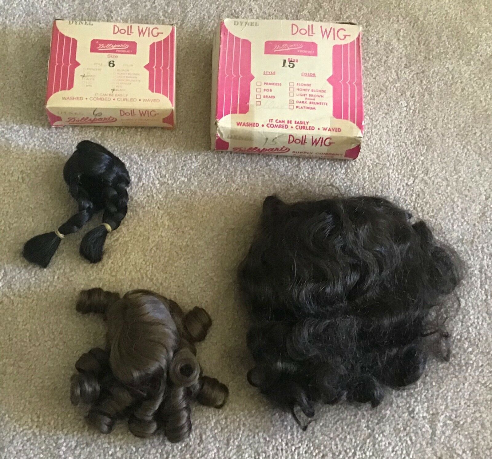 Lot Of 3 Dynel Doll Wigs 2 Boxes Braids Curls & More Black Brunette Brown Alice