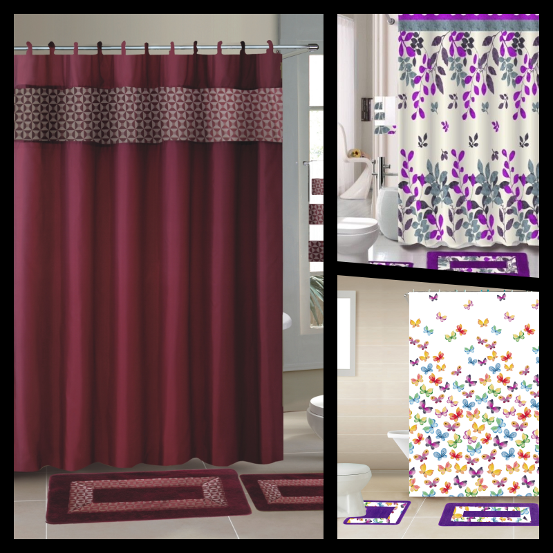 15pcs Printed Bathroom Set Bath Mats Shower Curtain Hooks Assorted Design