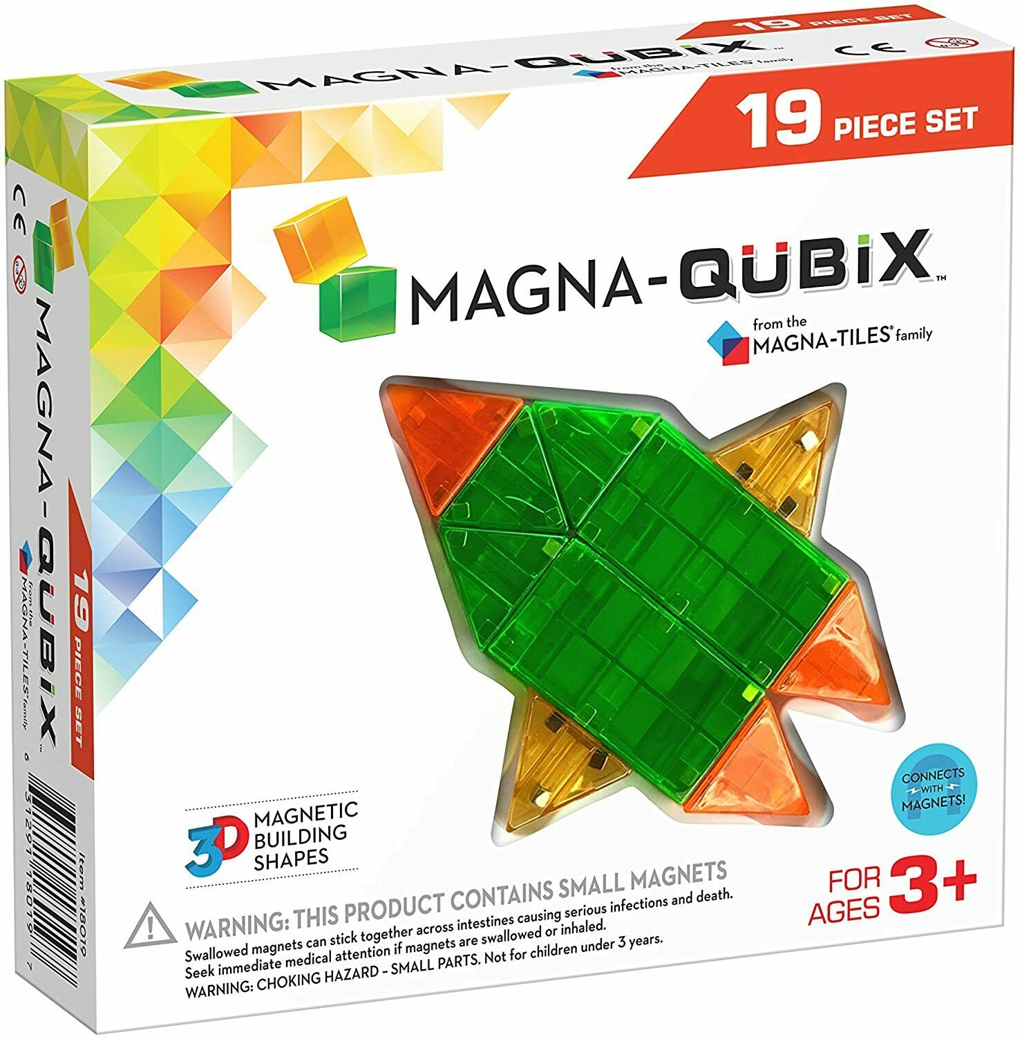 Magna-qubix 19-piece Multicolor Set Magnetic 3d Building Shapes, Ages 3+ (18019)