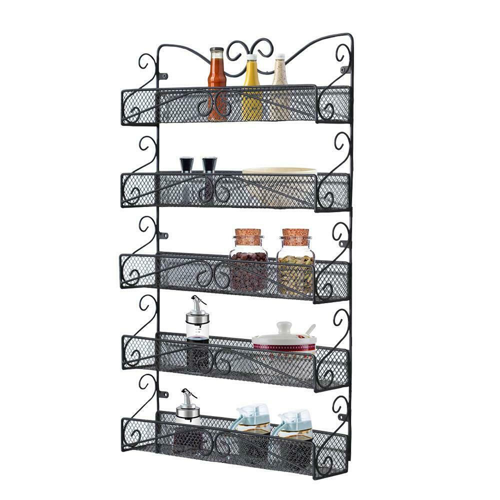 5-tier Metal Spice Jars Rack Home Kitchen Cabinet Organizer Wall-mounted Black