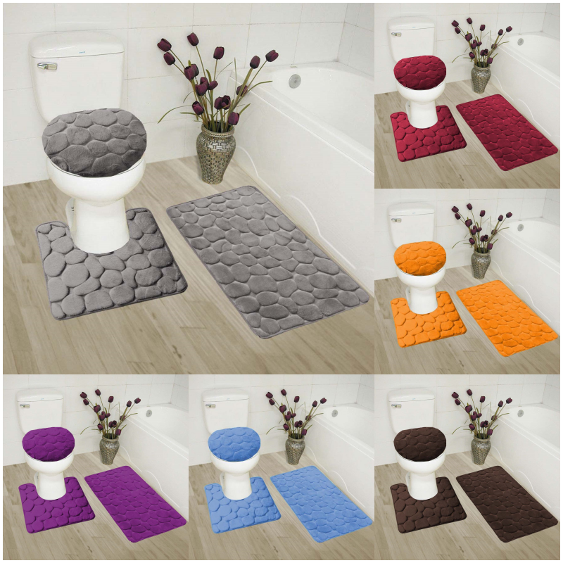 Rock Design 3pc Bathroom Set Soft Comfort Memory Foam Bath Rugs Solid Color