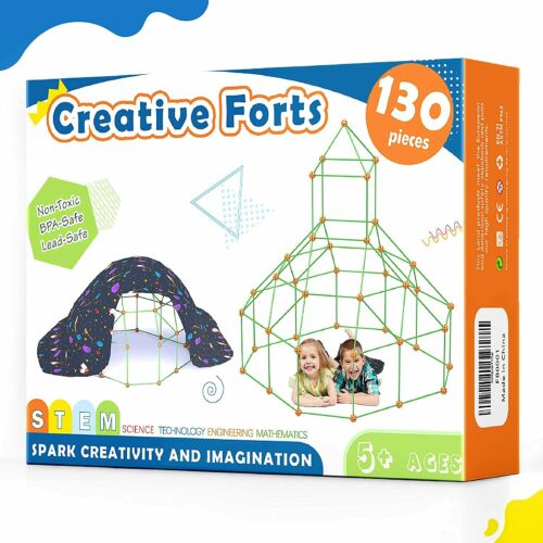 130pcs Kids Fort Building Kit With Bag Creative Fort Toy For 5,6,7 Years