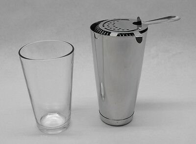 3 Piece Boston Shaker Set Glass, Strainer & Weighted Tin Bar Cocktail Mixing Kit
