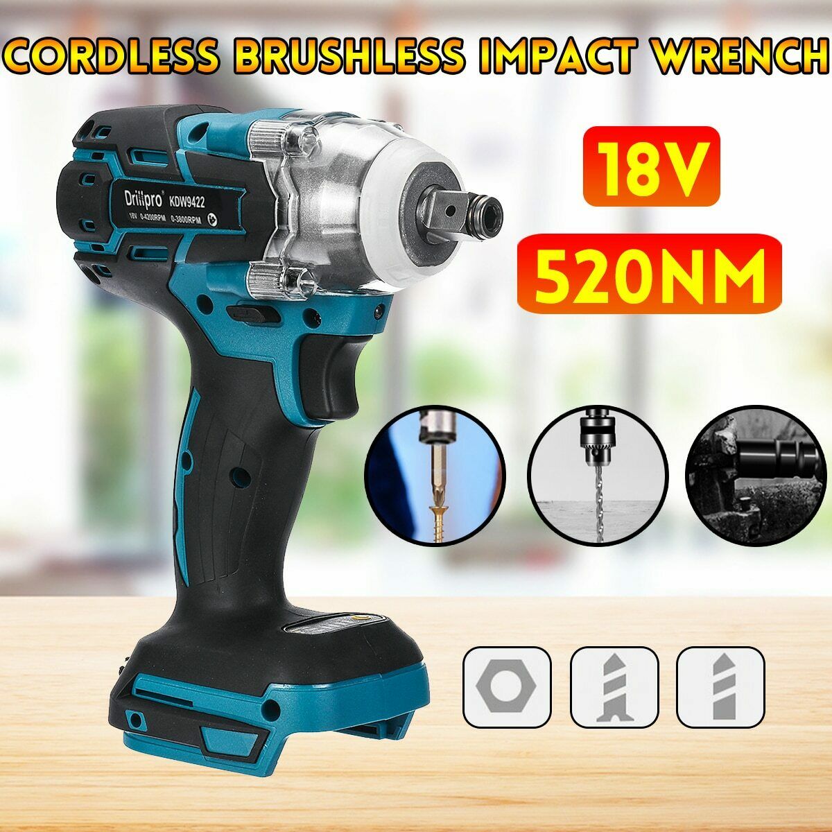 Drillpro Brushless Cordless Electric Impact Wrench Rechargeable 1/2 Inch Wrench