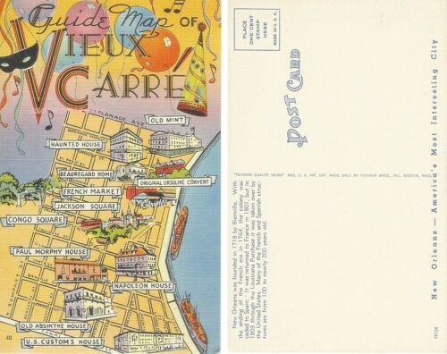 Guide Map Vieux Carre French Quarter New Orleans Postcard Linen Unused
