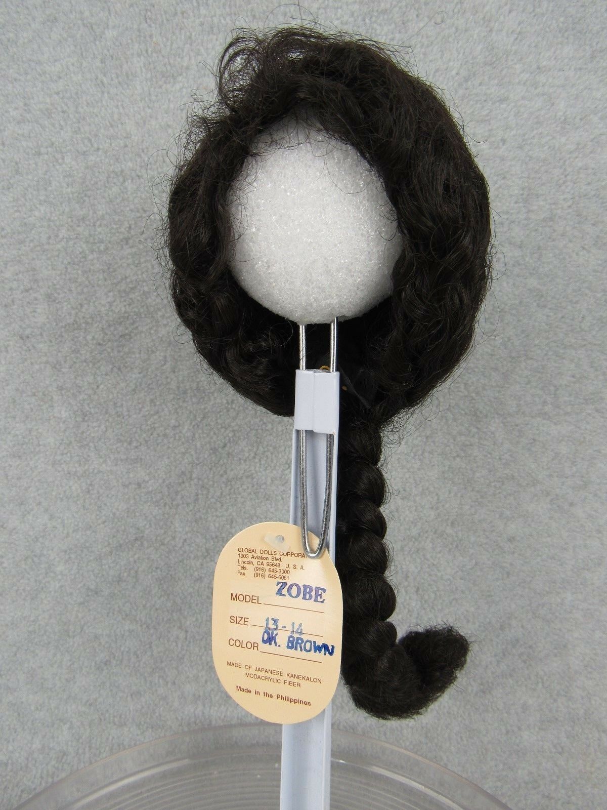 Global Doll Wig Size 13-14 Zobe Dark Brown With Tag Box & Hairnet
