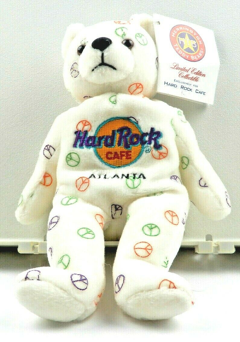 Hard Rock Cafe Atlanta Htb 2003 Ty Beanie Baby Bear White W/peace Symbols(bb021)