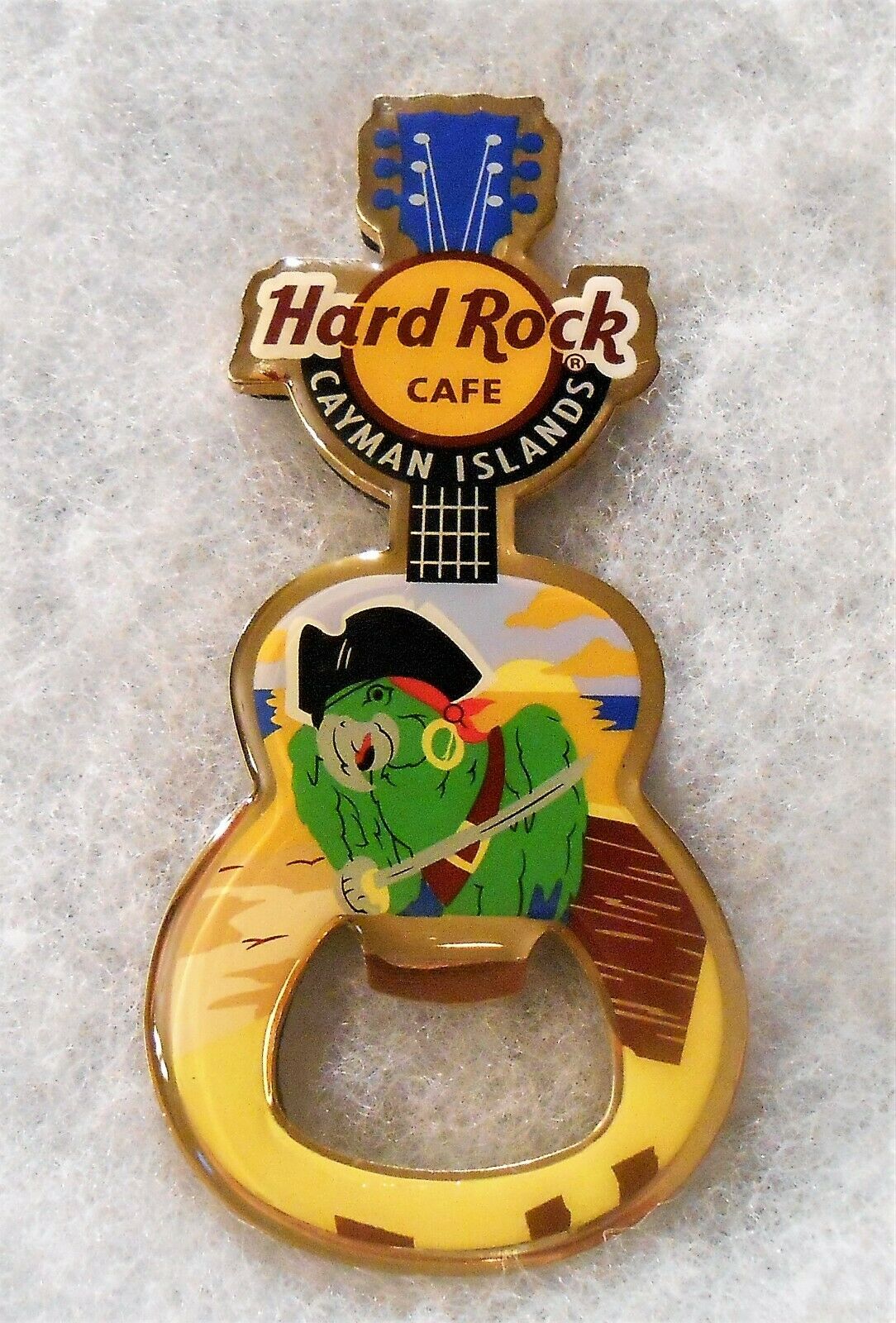 Hard Rock Cafe Cayman Islands Pirate Parrot Bottle Opener Guitar Magnet
