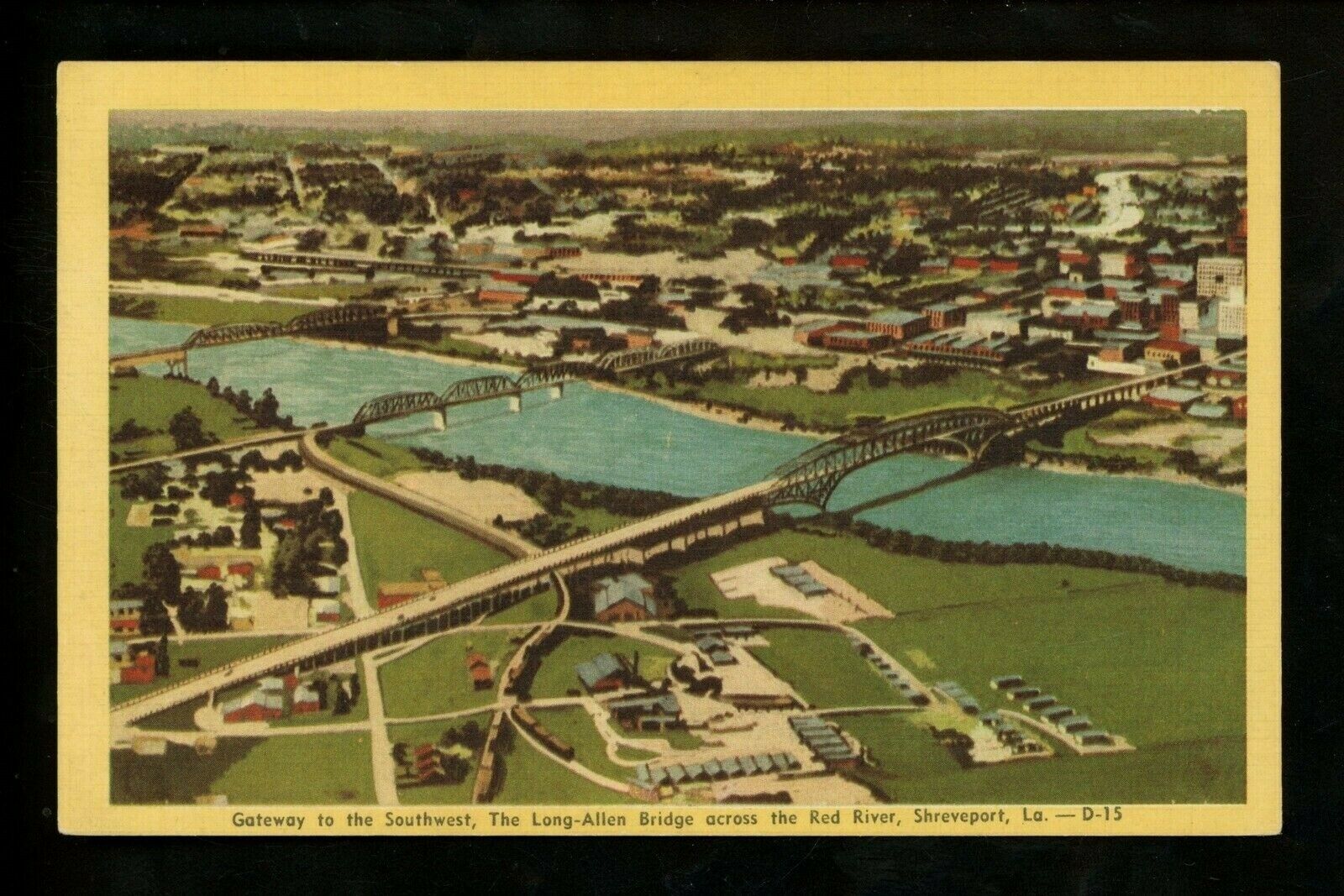 Louisiana La Postcard Shreveport, Aerial View Long Allen Bridge Linen Colorcraft