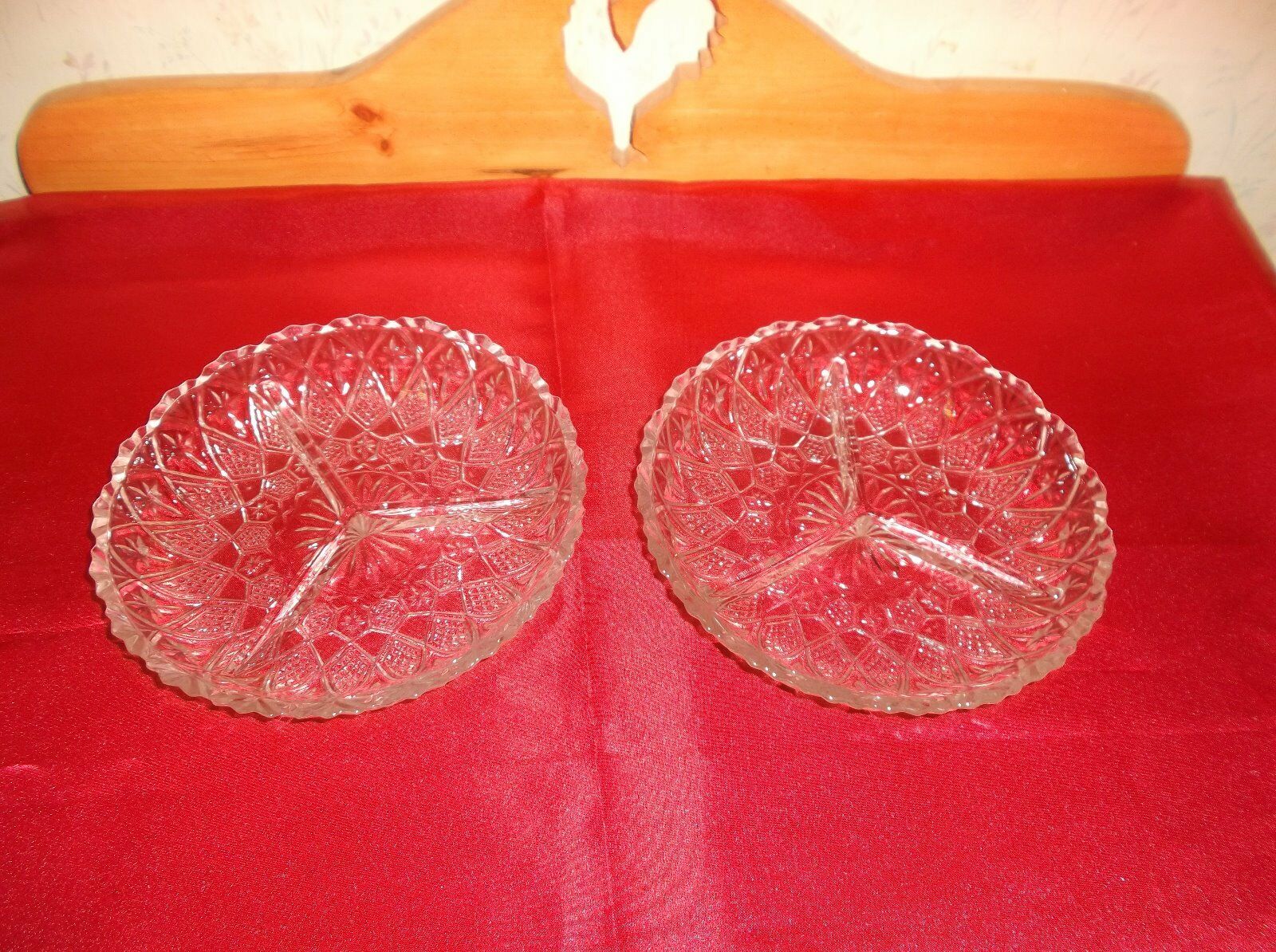 Vintage Pressed Glass Pair Of 3 Section Relish Plates (2) Euc